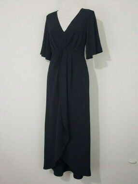 Gilli Black V-Neck Front-Knot Draped Flutter Sleeve Midi Dress